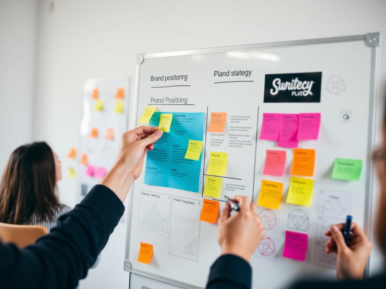 Brand workshop — strategie značky na tabuli s barevnými samolepkami